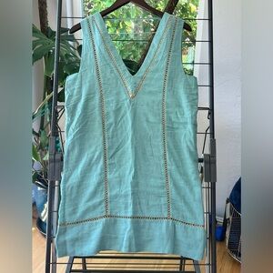 Teal Sleeveless Linen Dress with Woven Stitching